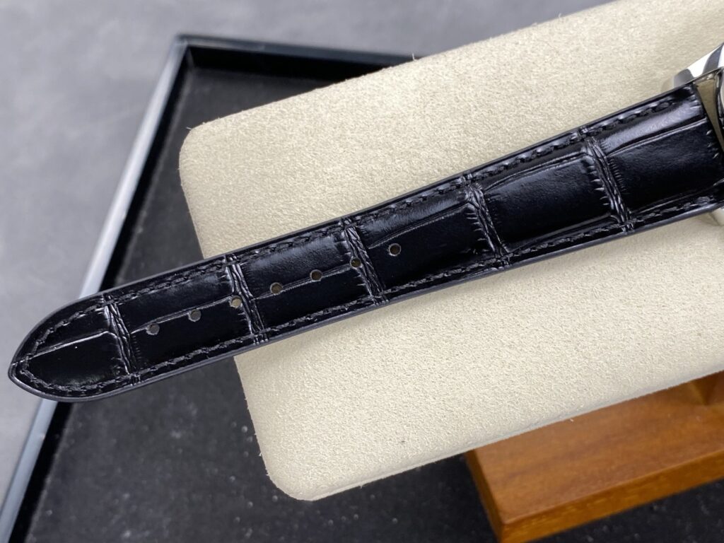 Super Clone Patek Philippe Complications 5205G-010 40mm Gray Dial Steel — on leather display