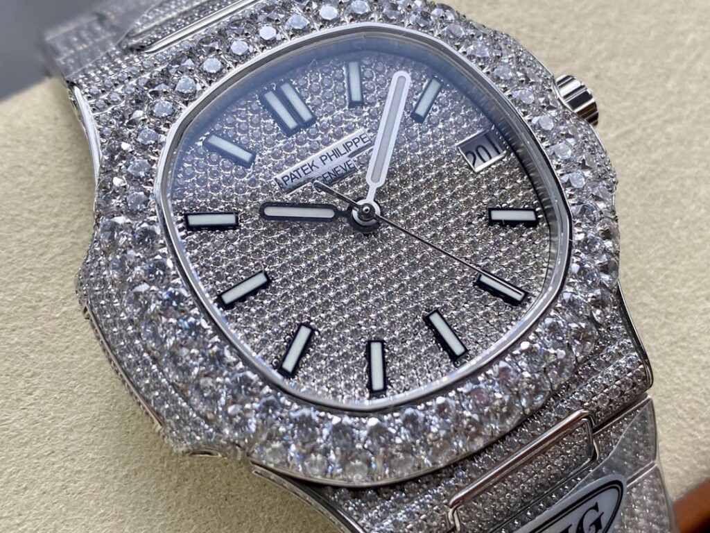 Super Clone Patek Philippe Nautilus 5711 40mm Up Full 3000pcs Moissanite Pave Hongkong – Customize Diamod — on leather display