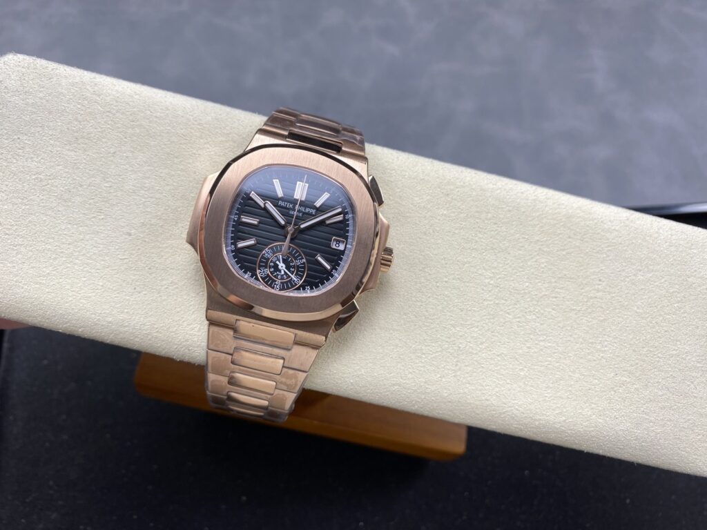 Super Clone Patek Philippe Nautilus Chronograph 5980/1R-001 40mm Black-Gray Dial Rose Gold — on leather display