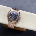Super Clone Patek Philippe Nautilus Chronograph 5980/1R-001 40mm Black-Gray Dial Rose Gold — on leather display