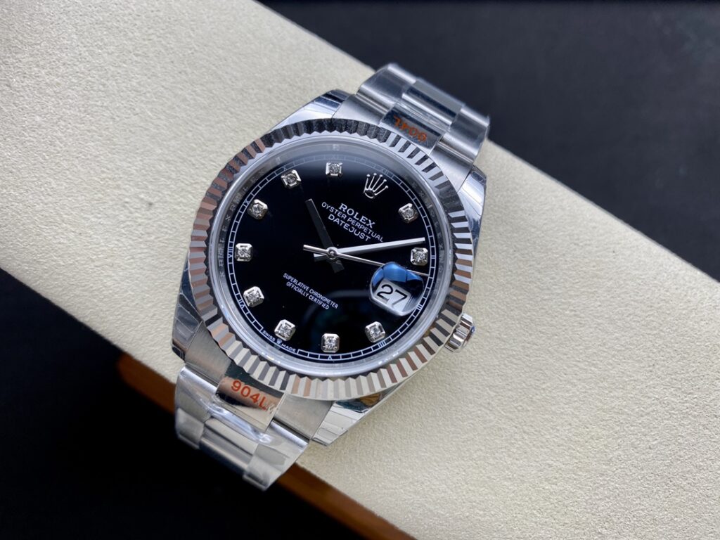 Super Clone Rolex Datejust Black Diamond Dial 126334-0011 41 mm — on leather display