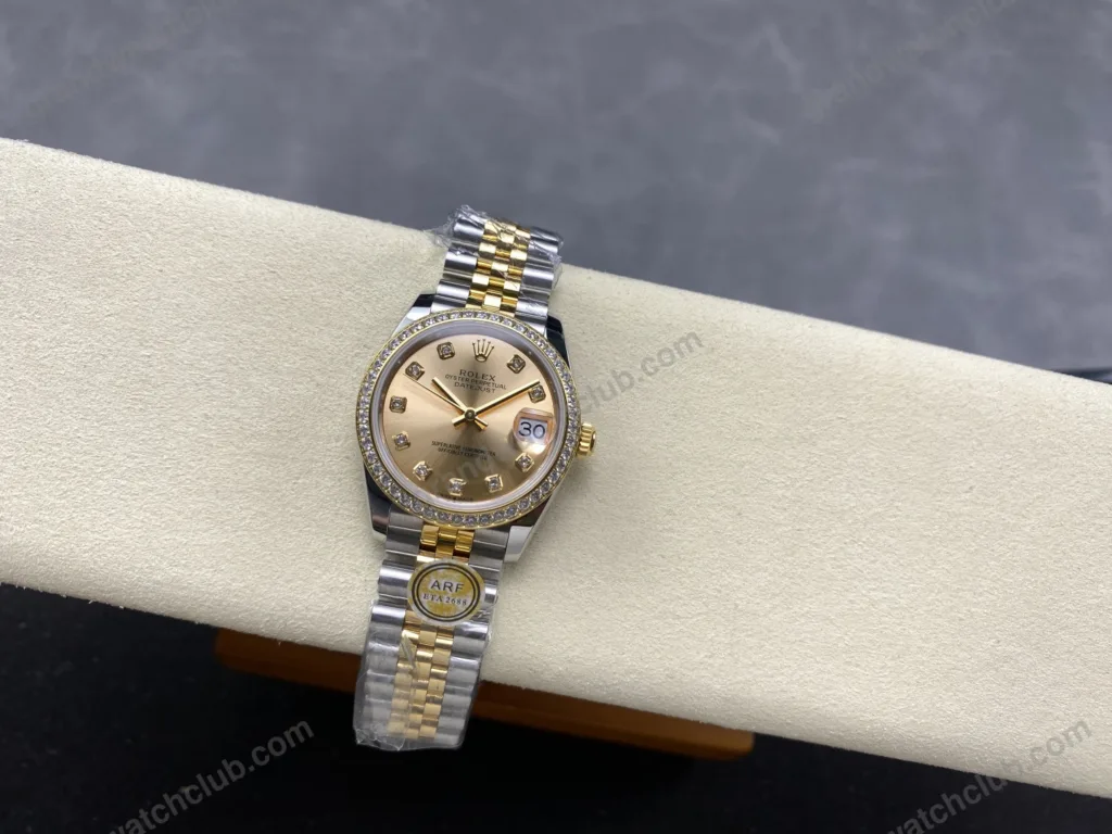 Super Clone Rolex Datejust Gold Dial SRL40 36 mm — on leather display