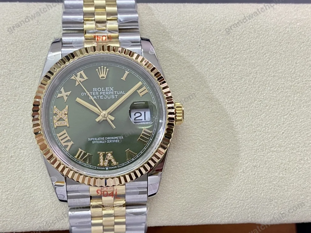 Super Clone Rolex Datejust Olive Green Roman Diamond Dial 126233-0026 36 mm — dial close-up