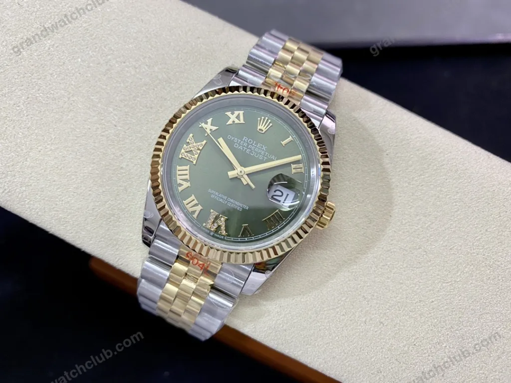 Super Clone Rolex Datejust Olive Green Roman Diamond Dial 126233-0026 36 mm — case and bezel