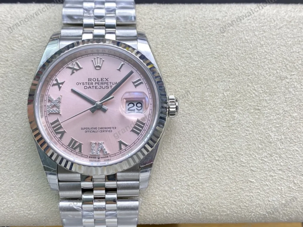 Super Clone Rolex Datejust Pink Roman Dial 126234-0031 36 mm — dial close-up