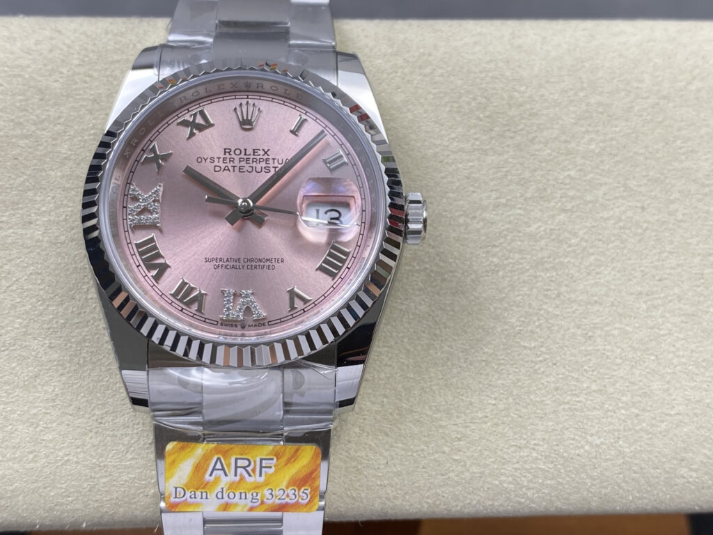 Super Clone Rolex Datejust Pink Roman Dial 126234-0032 36 mm — dial close-up