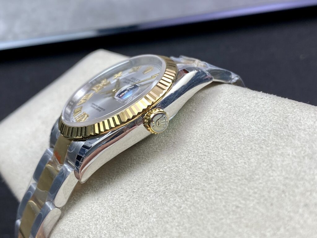 Super Clone Rolex Datejust Silver Roman Diamond Dial 126233-0032 36 mm — on leather display