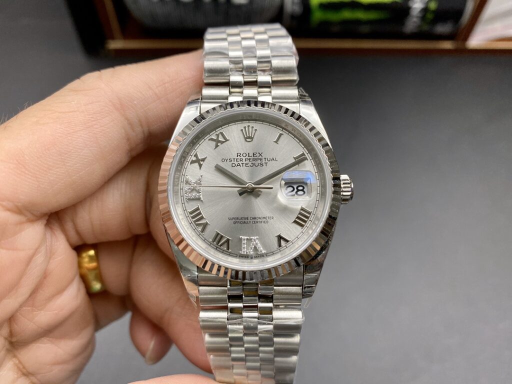 Super Clone Rolex Datejust Silver Roman Diamond Dial 126234-0029 36 mm — dial close-up