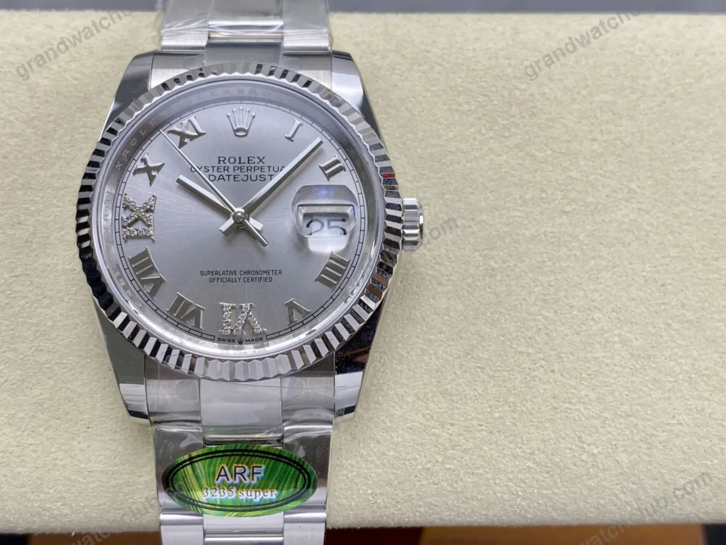 Super Clone Rolex Datejust Silver Roman Diamond Dial 126234-0030 36 mm — dial close-up