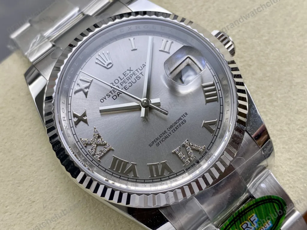 Super Clone Rolex Datejust Silver Roman Diamond Dial 126234-0030 36 mm — side profile