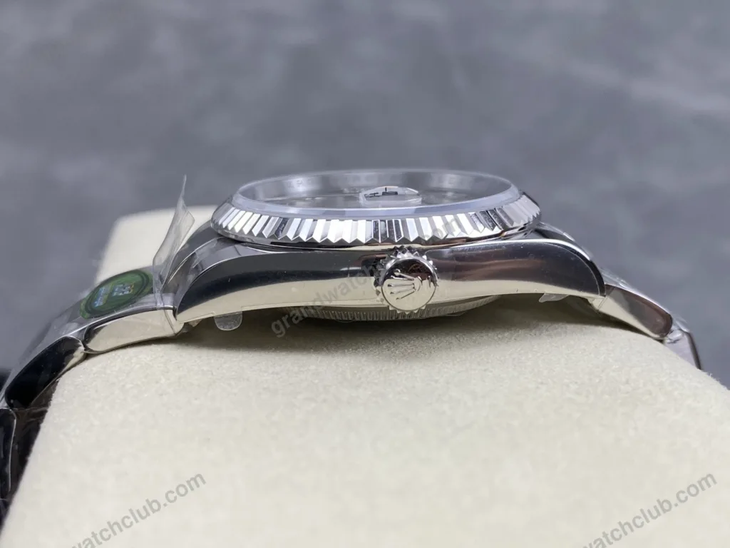 Super Clone Rolex Datejust Silver Roman Diamond Dial 126234-0030 36 mm — on leather display