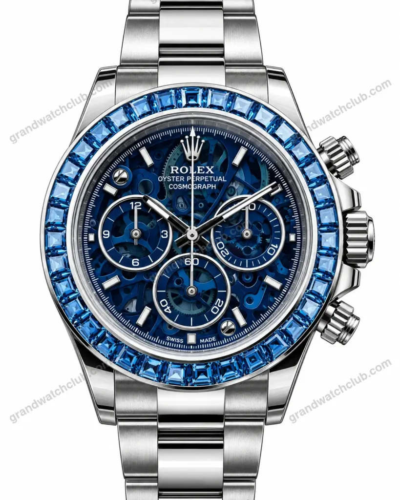 Super Clone Rolex Cosmograph Daytona Artisans de Genève Blue Skeleton Sapphire Bezel 116520 – Swiss SuperClone