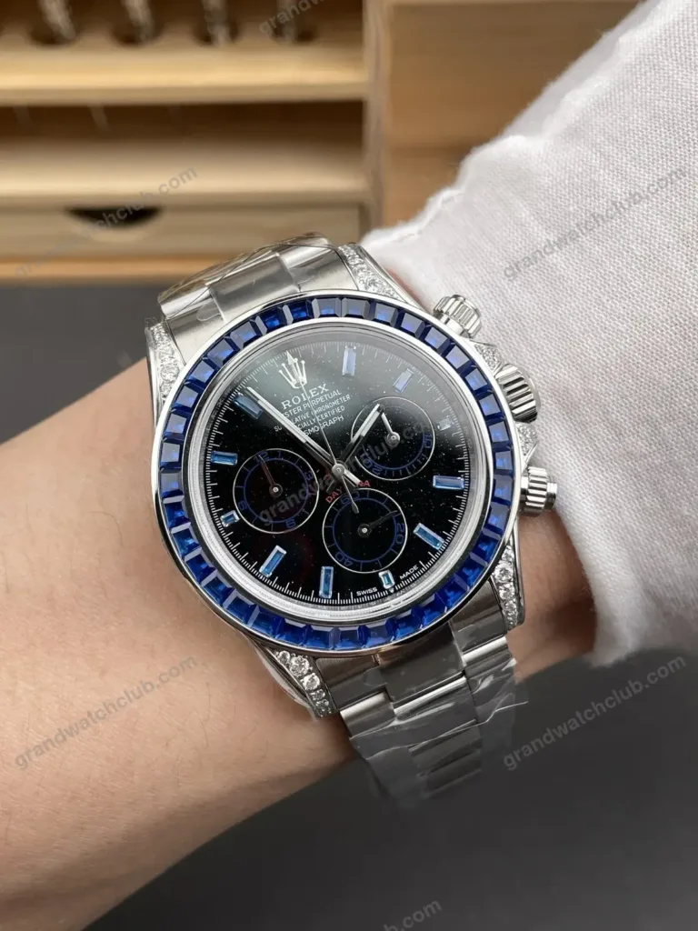 Super Clone Rolex Cosmograph Daytona Blue Sapphire Diamond Bezel Black Dial 116520 – Swiss SuperClone - photo 1