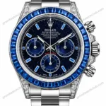 Super Clone Rolex Cosmograph Daytona Blue Sapphire Diamond Bezel Black Dial 116520 – Swiss SuperClone
