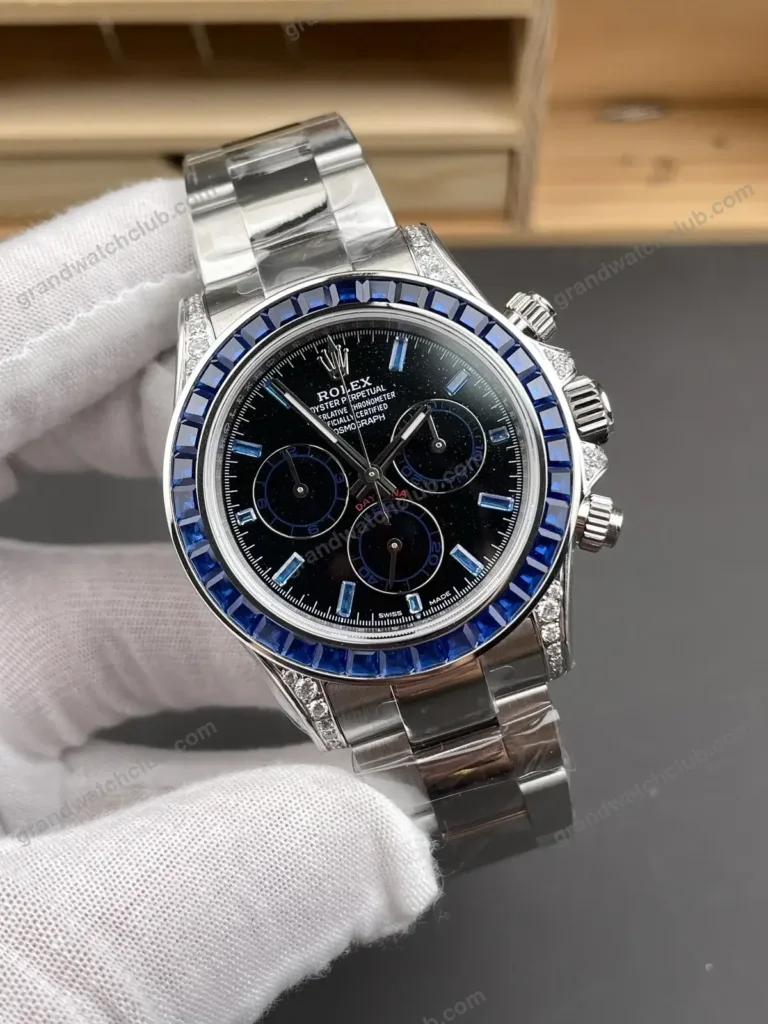 Super Clone Rolex Cosmograph Daytona Blue Sapphire Diamond Bezel Black Dial 116520 – Swiss SuperClone - photo 8