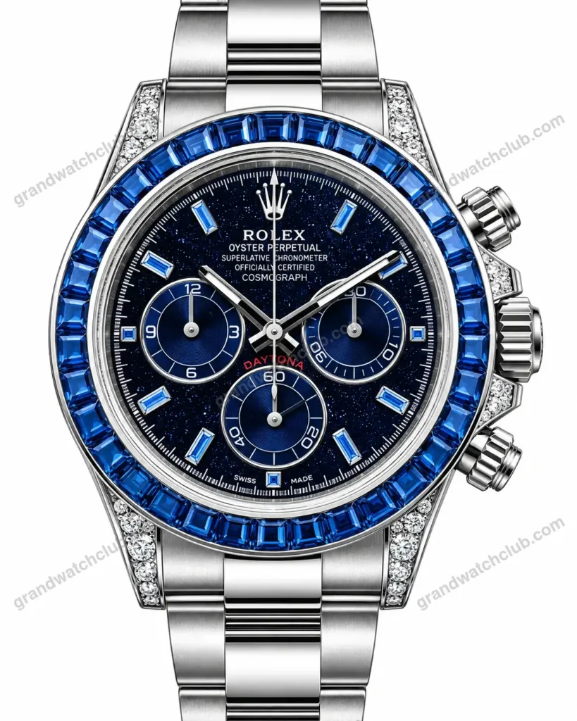 Super Clone Rolex Cosmograph Daytona Blue Sapphire Diamond Bezel Black Dial 116520 – Swiss SuperClone