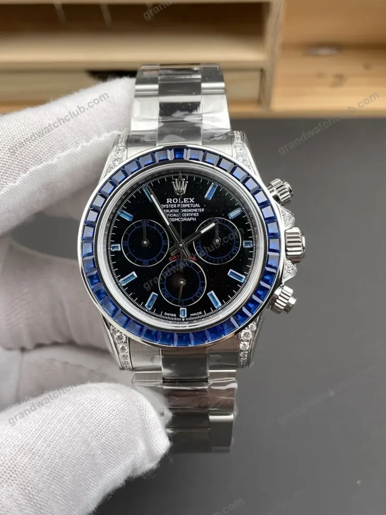 Super Clone Rolex Cosmograph Daytona Blue Sapphire Diamond Bezel Black Dial 116520 – Swiss SuperClone - photo 9