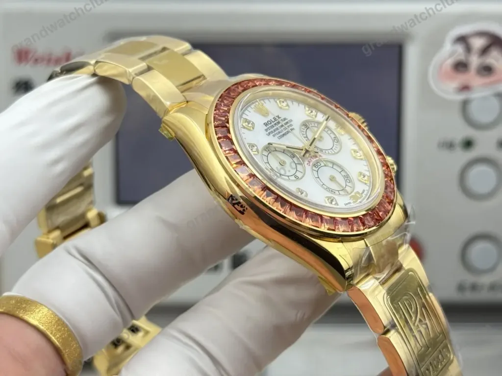 Super Clone Rolex Cosmograph Daytona Mother of Pearl Diamond Dial Orange Sapphire Bezel 116578SACO – Swiss SuperClone - photo 4