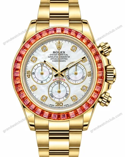 Super Clone Rolex Cosmograph Daytona Mother of Pearl Diamond Dial Orange Sapphire Bezel 116578SACO – Swiss SuperClone