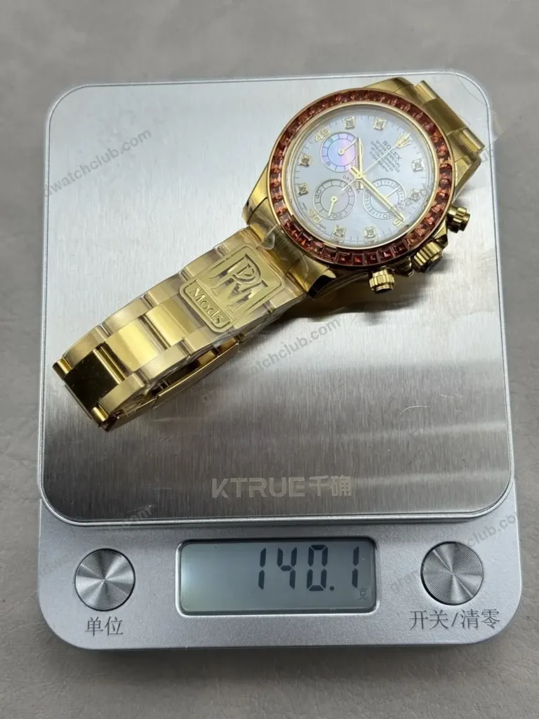 Super Clone Rolex Cosmograph Daytona Mother of Pearl Diamond Dial Orange Sapphire Bezel 116578SACO – Swiss SuperClone - photo 5
