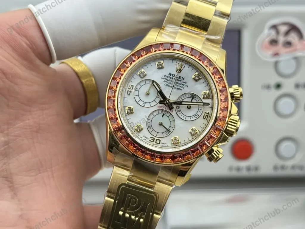 Super Clone Rolex Cosmograph Daytona Mother of Pearl Diamond Dial Orange Sapphire Bezel 116578SACO – Swiss SuperClone - photo 6