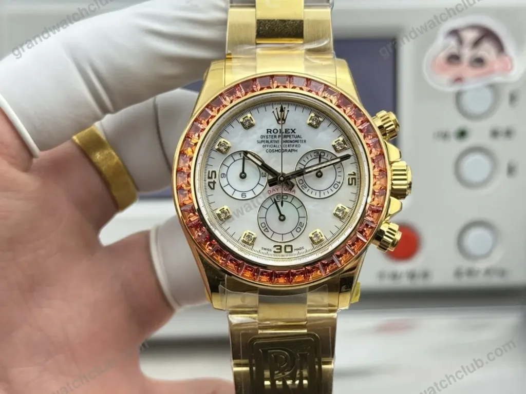 Super Clone Rolex Cosmograph Daytona Mother of Pearl Diamond Dial Orange Sapphire Bezel 116578SACO – Swiss SuperClone - photo 8