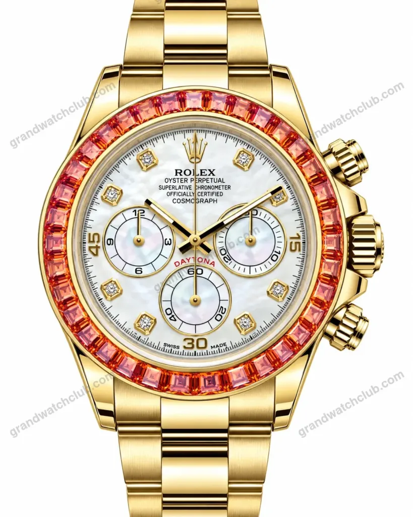 Super Clone Rolex Cosmograph Daytona Mother of Pearl Diamond Dial Orange Sapphire Bezel 116578SACO – Swiss SuperClone