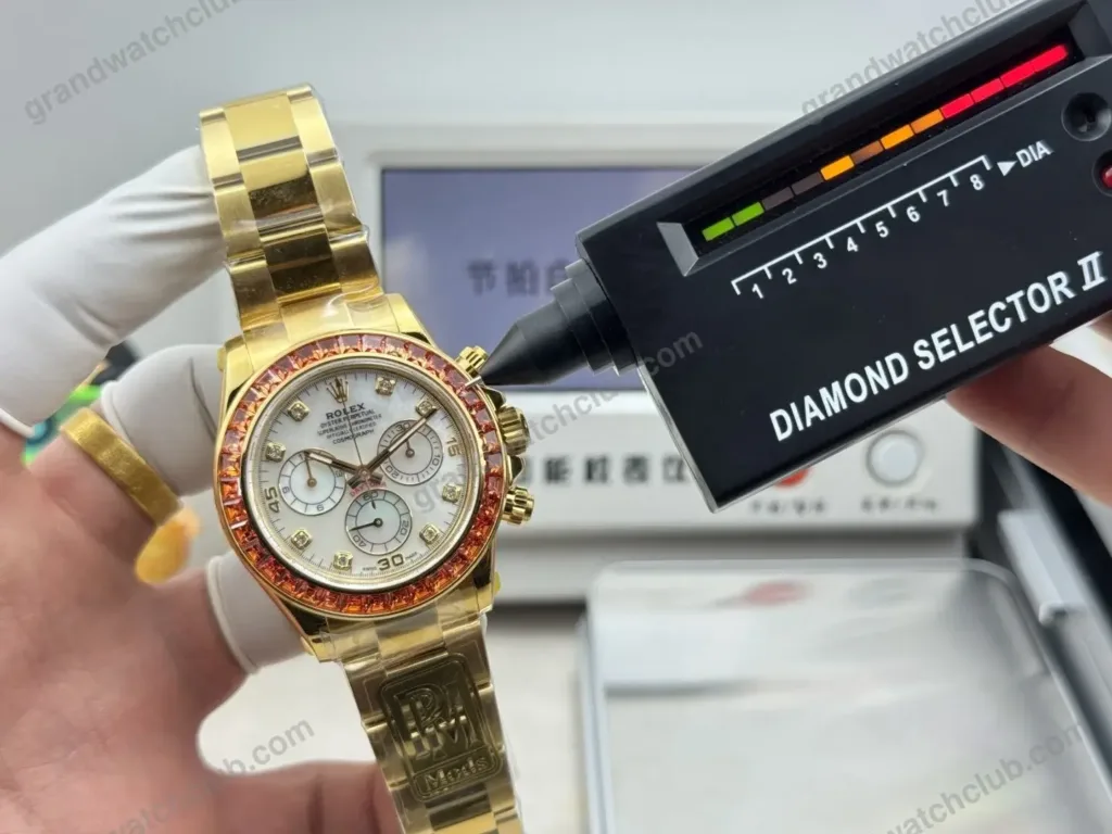 Super Clone Rolex Cosmograph Daytona Mother of Pearl Diamond Dial Orange Sapphire Bezel 116578SACO – Swiss SuperClone - photo 9