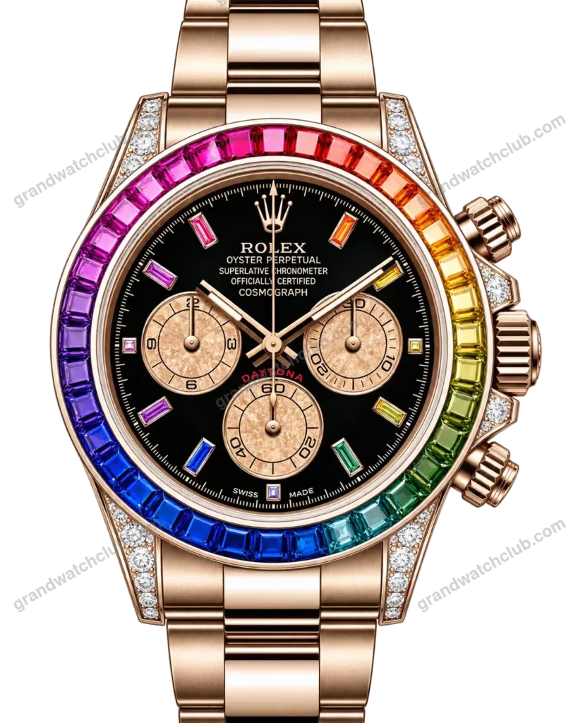 Super Clone Rolex Cosmograph Daytona Rainbow Everose Gold Black Dial 116595RBOW – Swiss SuperClone