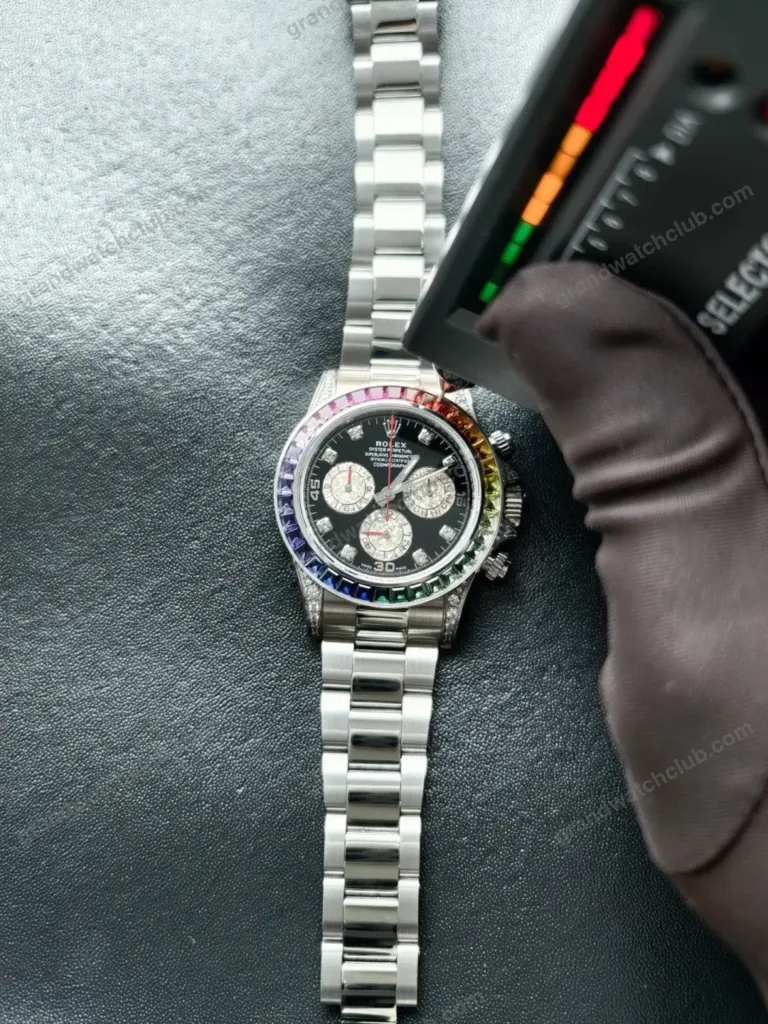 Super Clone Rolex Cosmograph Daytona Rainbow Sapphire Black Diamond Dial 116599RBOW – Swiss SuperClone - photo 10