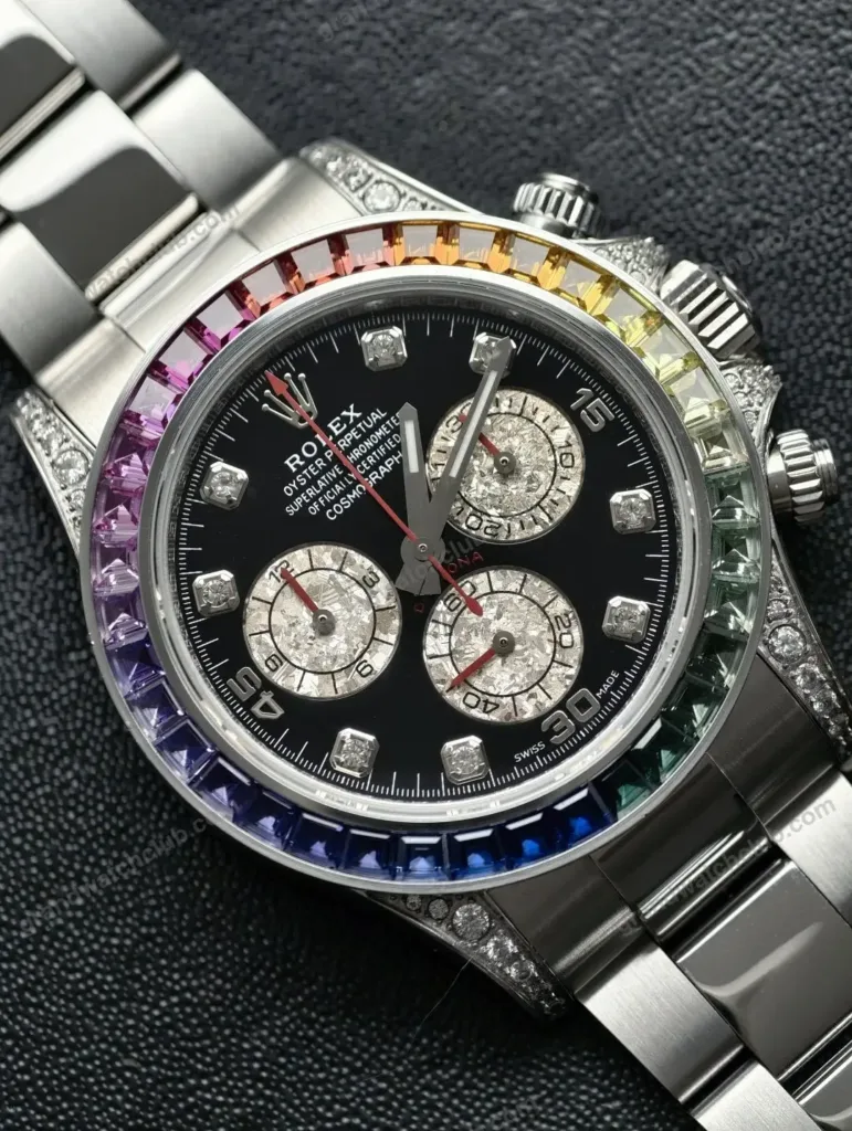 Super Clone Rolex Cosmograph Daytona Rainbow Sapphire Black Diamond Dial 116599RBOW – Swiss SuperClone - photo 24