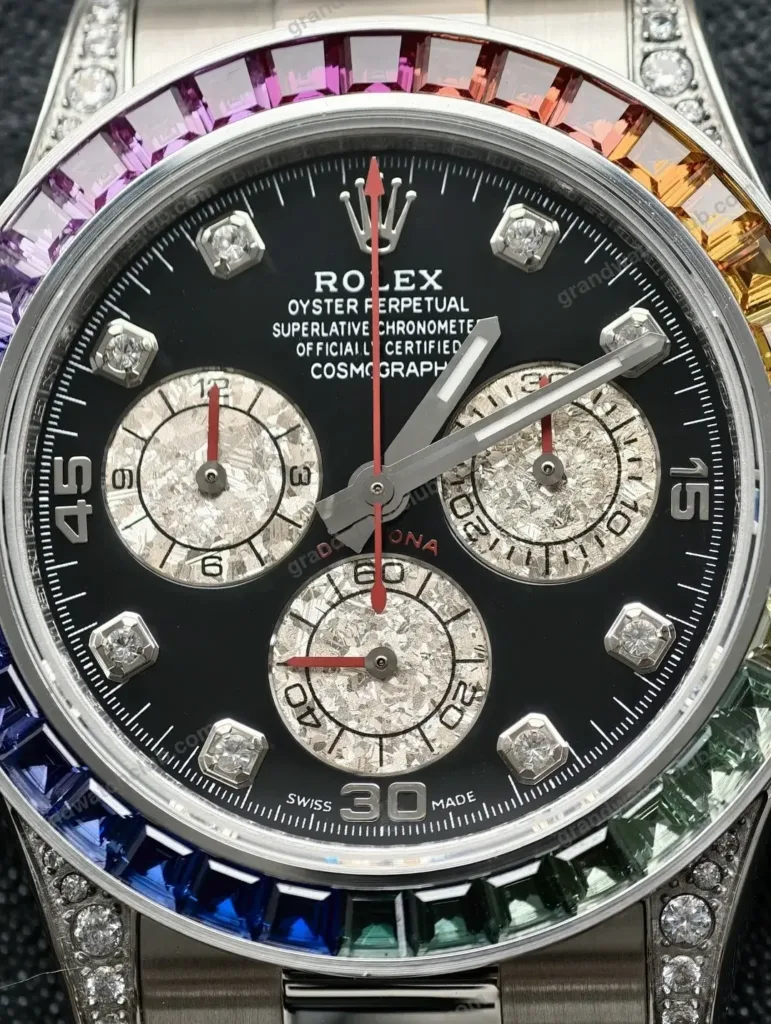 Super Clone Rolex Cosmograph Daytona Rainbow Sapphire Black Diamond Dial 116599RBOW – Swiss SuperClone - photo 25
