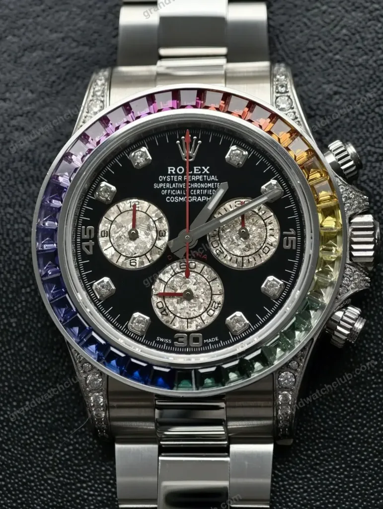 Super Clone Rolex Cosmograph Daytona Rainbow Sapphire Black Diamond Dial 116599RBOW – Swiss SuperClone - photo 26