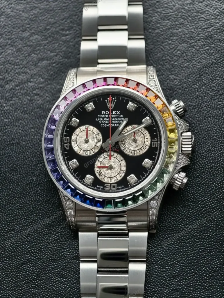 Super Clone Rolex Cosmograph Daytona Rainbow Sapphire Black Diamond Dial 116599RBOW – Swiss SuperClone - photo 27