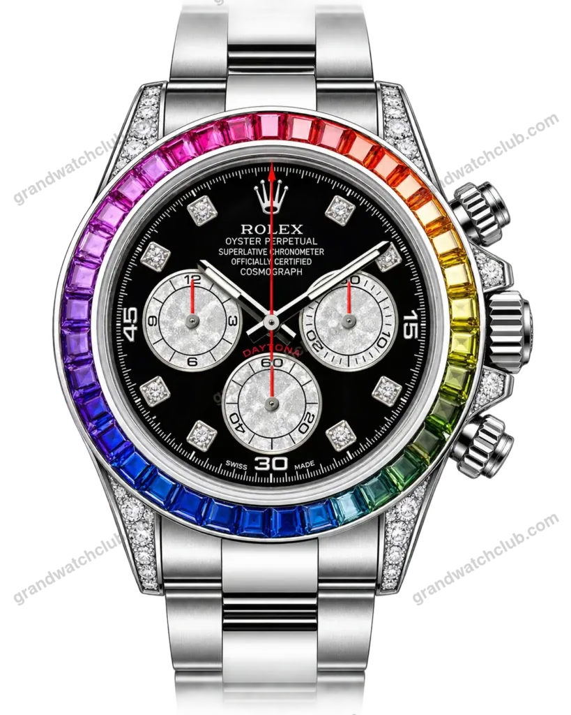 Super Clone Rolex Cosmograph Daytona Rainbow Sapphire Black Diamond Dial 116599RBOW – Swiss SuperClone