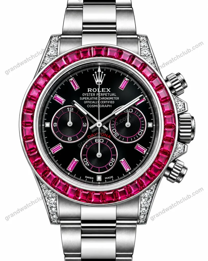 Super Clone Rolex Cosmograph Daytona Ruby Sapphire Bezel Black Dial 116520 – Swiss SuperClone