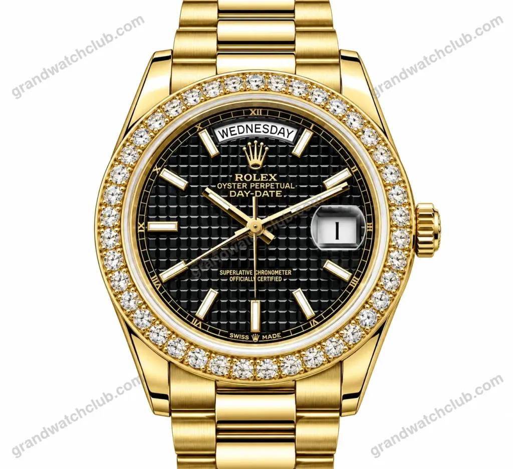 Super Clone Rolex Day-Date 40 Black Motif Dial Diamond Bezel 228348RBR President – Swiss SuperClone