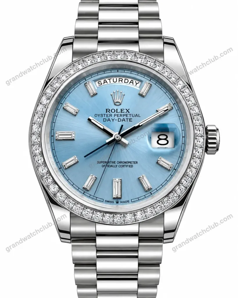 Super Clone Rolex Day-Date 40 Bright Blue Diamond Dial 228349RBR President – Swiss SuperClone
