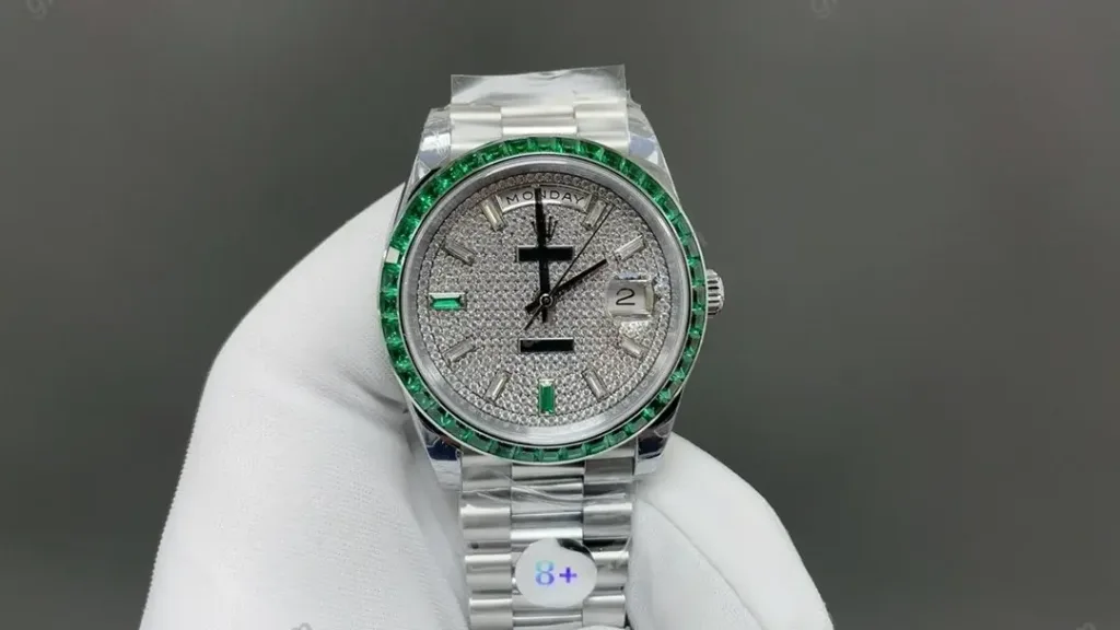 Super Clone Rolex Day-Date 40 Emerald Bezel Diamond Pavé Dial 228396TEM President – Swiss SuperClone - photo 6