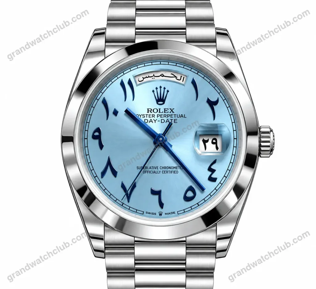Super Clone Rolex Day-Date 40 Ice Blue Arabic Dial 228206 President – Swiss SuperClone